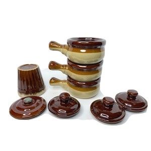 Soup Bowls ,  GLAZED STONEWARE CLAY  WITH HANDLE AND LID 3 lot, 1 Mug Monmouth